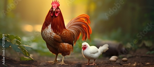 A rooster and mother hen care for their newborns. Domesticated chickens, scientifically known as Gallus gallus domesticus, are raised for their meat.