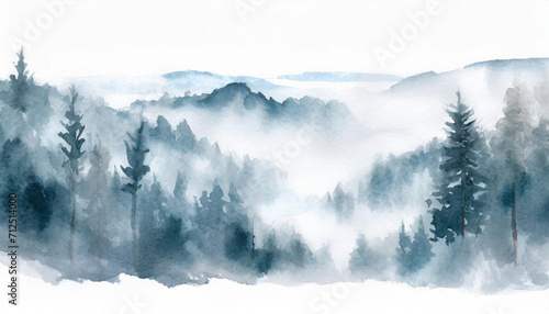 Watercolor foggy forest landscape illustration. Wild nature in wintertime. Abstract graphic isolated on transparent background © Andina