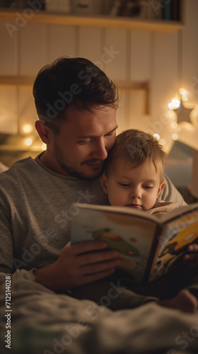 Father reading a book to his son before bed