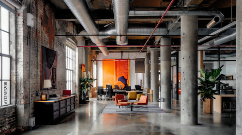 An imaginative and lighthearted industrial workspace that showcases raw brick walls, concrete pillars, and exposed ducting as design elements