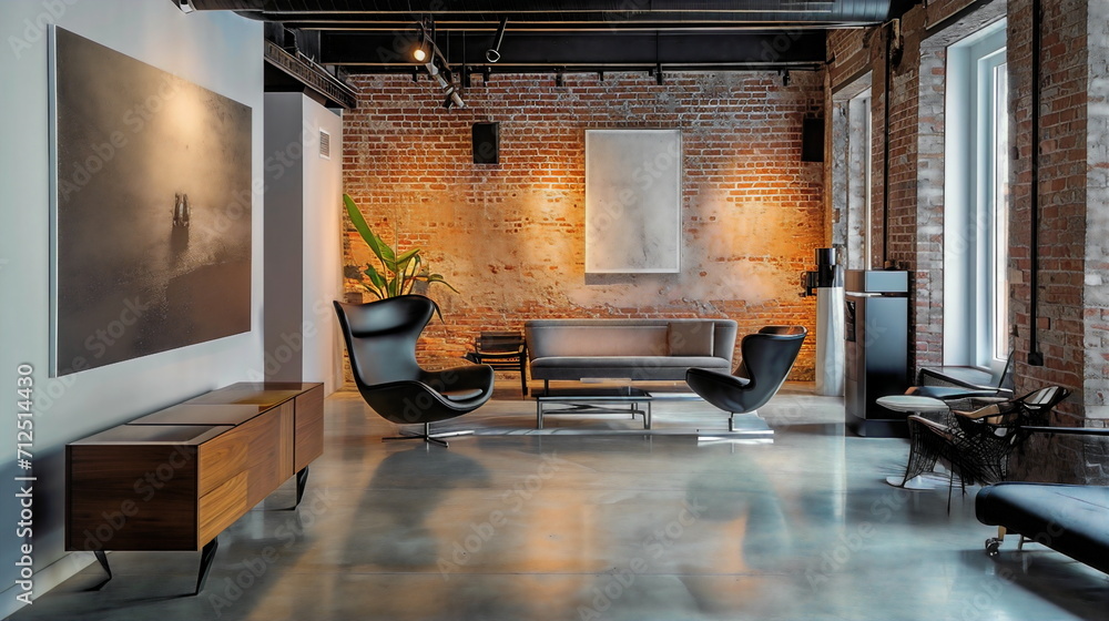 A trendy and sophisticated ambiance is created by the clean and minimalist design of this modern boutique hotel, which features polished concrete floors, exposed fine brick walls - obrazy, fototapety, plakaty 
