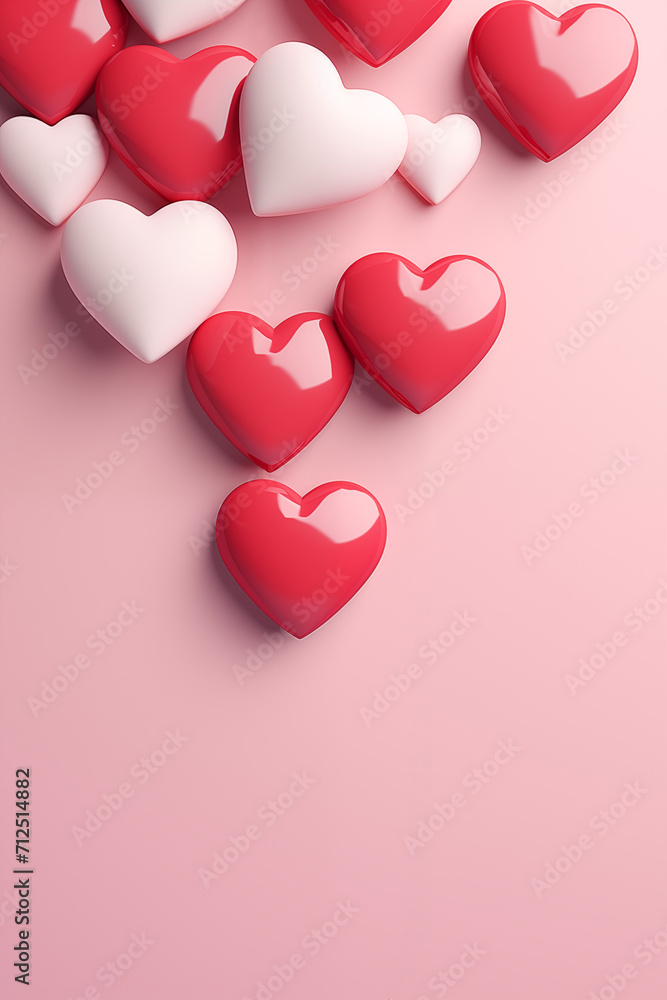 Red and white glossy hearts on pink background. Valentine's Day card