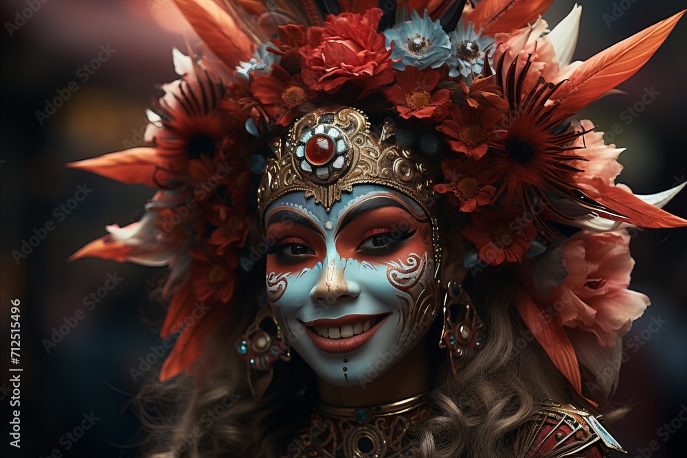 Indonesian Woman in traditional costume and stage makeup at nyepi festival, indonesian celebrations