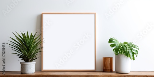 Concept of mock up poster with vintage sprinkler, plants, and frame in modern home interior.
