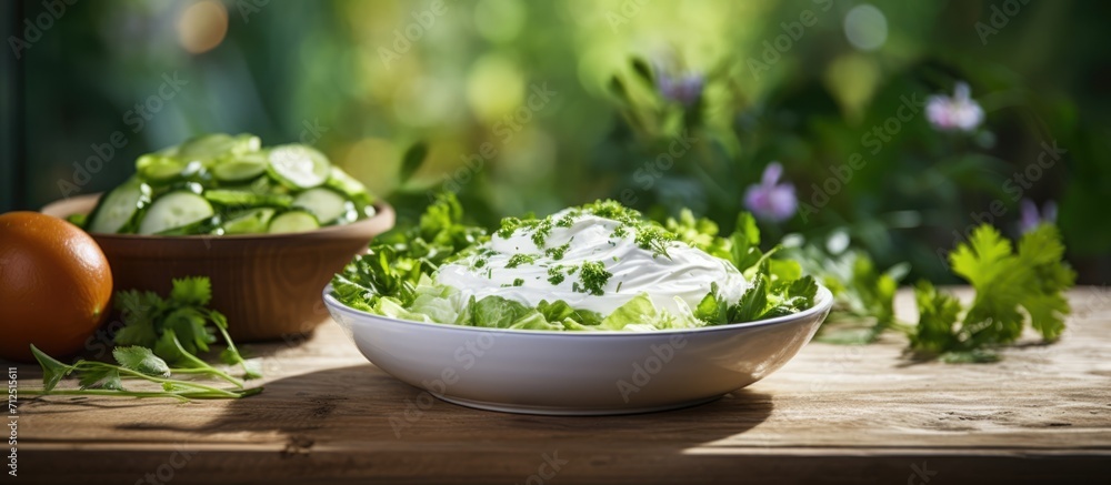 White round bowl on wooden table with green fresh salad and natural yogurt.