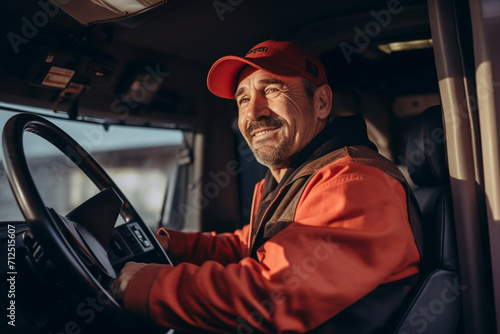 Professional Semi Truck Driver Behind the Wheel of a Classic Truck. Caucasian Commercial Driver in His 40s. Transportation Industry Theme  © Ahmed