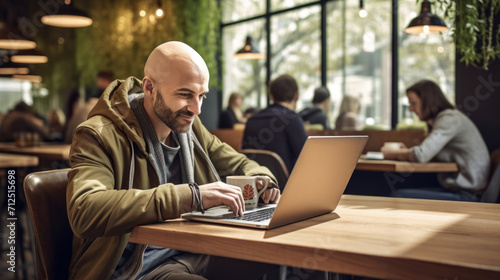 Emotional portrait of a confident and positive business mature European man with a bald head , looking with a smile at the laptop © Ruslan Gilmanshin