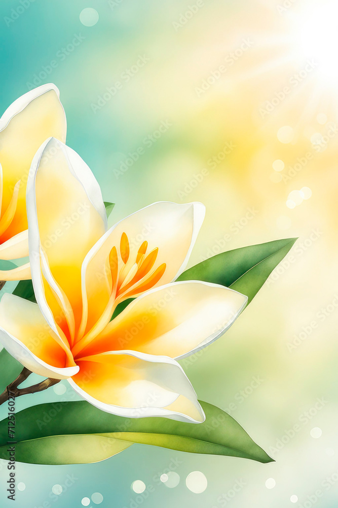 Fototapeta premium Closeup of blooming frangipani flowers in the summer sun rays in spring.