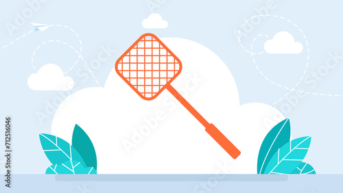 Flyswatter. Fly swatter insect killer destroy plastic tool with handle. Fly swatter flat icon. Pest exterminator flapper flying bug swat aggressive. Isolated on a white background. Flat illustration