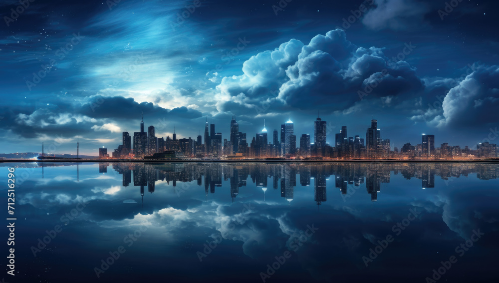 Blue tone panorama of waterfront city skyline with reflection