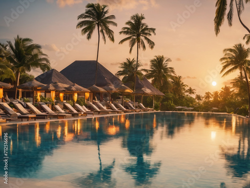 Idyllic sunset beach scene, infinity pool in luxury resort, tropical landscape with palm trees and sun loungers and closed umbrellas. Luxury summer holiday and beach vacation concept - generated by ai © CarlosAlberto