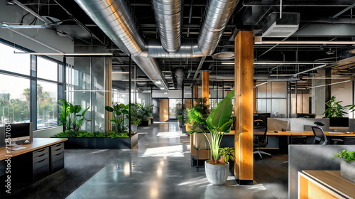 An office space that emphasizes wellness and well-being, with exposed ductwork providing a sense of openness and airiness, and natural light promoting productivity
