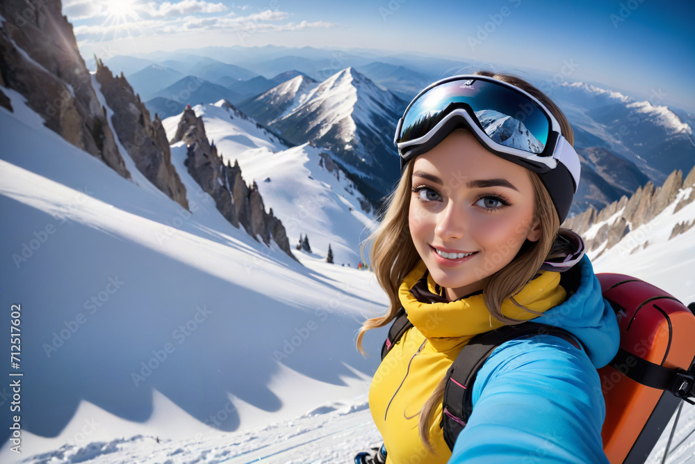woman taking a selfie on a ski mountain, snow, winter, vacation
