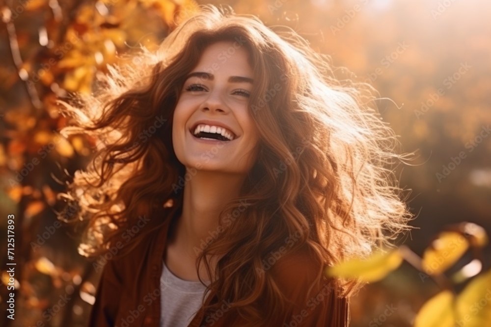 Fototapeta premium Portrait of a happy relaxed woman enjoying autumn with dry fallen leaves and sunlight in the background