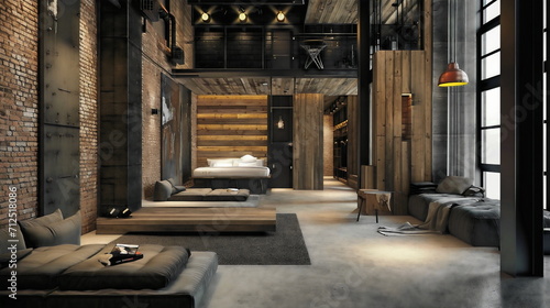 Modern boutique hotel in an industrial style, including elements like exposed brick and wood walls and futuristic furniture photo