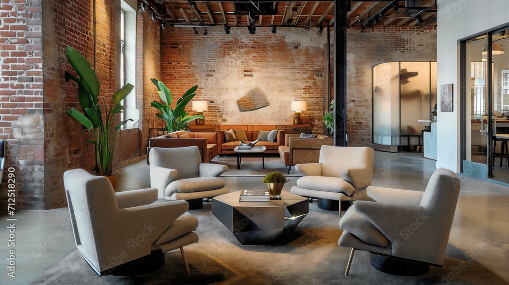 Stylish lobby area with exposed fine brick walls, plush armchairs, and futurist coffee tables, creating an inviting space for conversation and relaxation