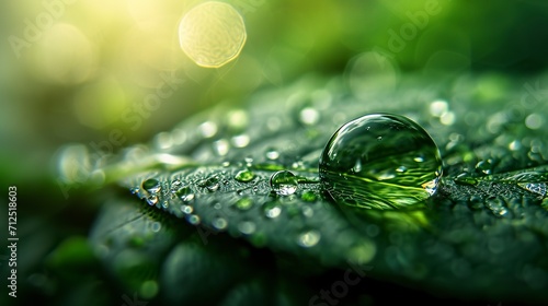 Close-up capture of a drop of water on a leaf in an expression of nature's grandeur. Drop of water in a graceful forest with a blurred background.