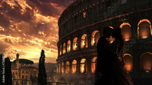 beautiful couple in love in front of the roman coliseum