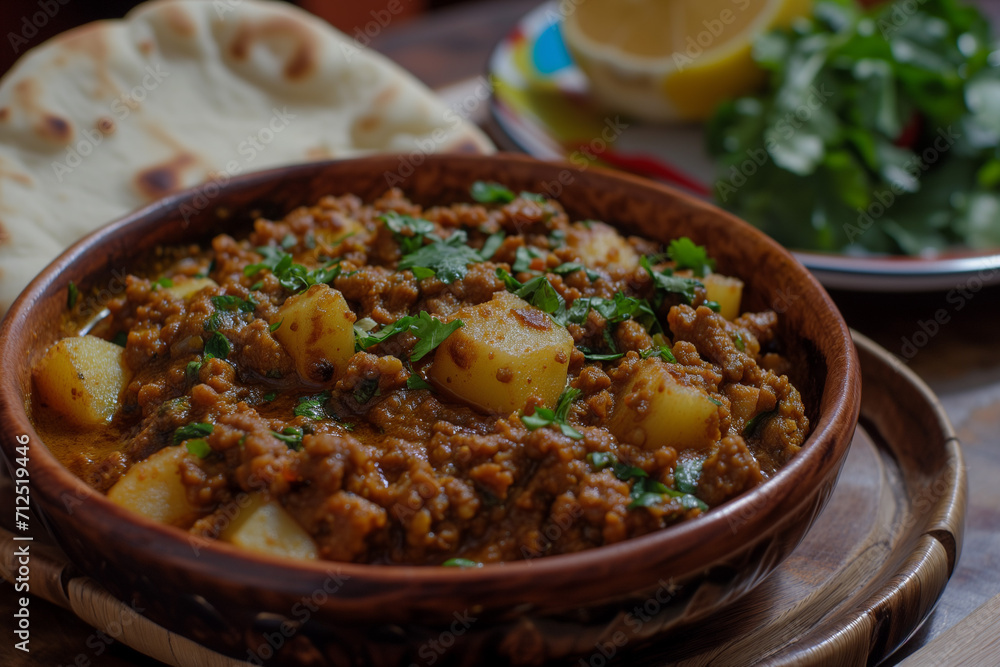 Aloo Keema (minced meat and potatoes), a popular Pakistani dish, served with naan bread