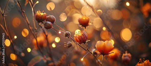 Fairy lights sparkle around a shallow focus on a Geum tangerine photo