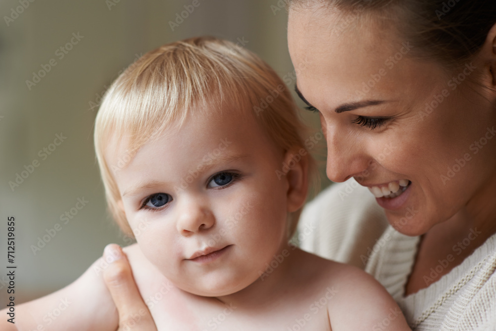 Mother, portrait and baby in house, nursery and family home with happiness in trust, love and support. Toddler, motherhood and infant with face, boy and bonding together for kids childhood memories Mother, portrait and baby in house, nursery and family home with happiness in trust, love and support. Toddler, motherhood and infant with face, boy and bonding together for kids childhood memories