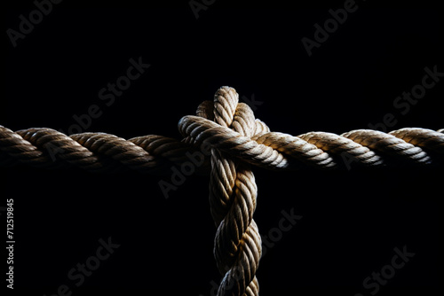 Rope in front of a black background that is only held together by a thread 