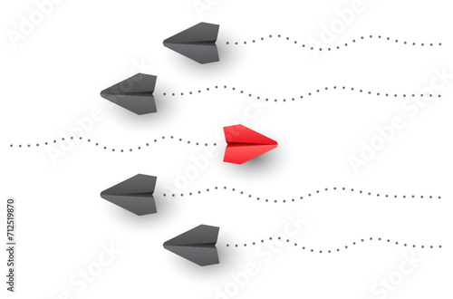 Individuality concept. Think different. Individual and unique red paper plane flies to opposite side. Vector