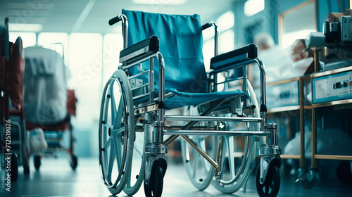 Healthcare Mobility: Wheelchair in a Hospital Corridor, Providing Support and Accessibility for Patients.