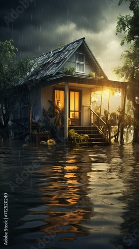 Flooded house in countryside. Climate change and natural disasters concept. Night scene. photo