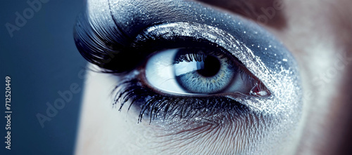 a woman's eye showing white eyeshadow from the outer corner, in the style of optical, wimmelbilder, light gray and navy, large canvas format, over, high contrast photo