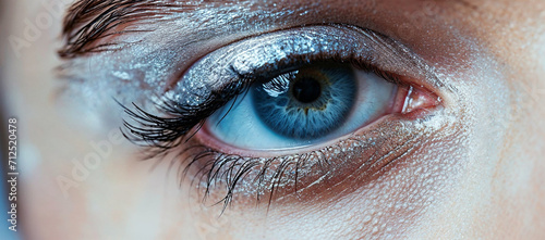 a woman's eye showing white eyeshadow from the outer corner, in the style of optical, wimmelbilder, light gray and navy, large canvas format, over, high contrast