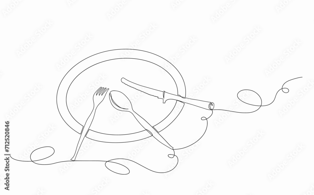Set of plate, spoon, knife, and flok continuous one line hand drawn isolated on white background, Illustration vector design