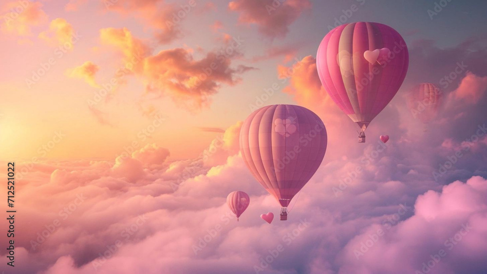 Obraz premium dreamy cityscape at dusk, with skyscrapers aglow in shades of pink and purple. Incorporate elements like heart-shaped hot air balloons and couples enjoying.