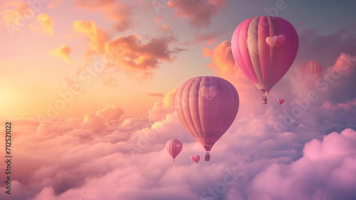 dreamy cityscape at dusk, with skyscrapers aglow in shades of pink and purple. Incorporate elements like heart-shaped hot air balloons and couples enjoying.