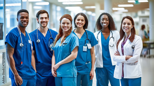 A group of six healthcare workers in blue scrubs, standing in a bright Clinic hallway. Doctors Healthcare Professionals in Hospital Corridor