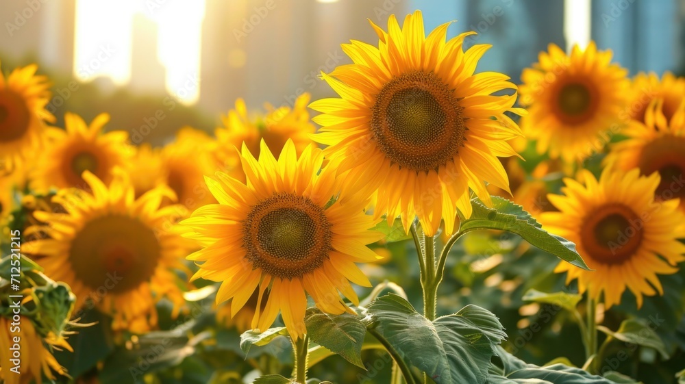 Fototapeta premium yellow garden sunflowers against the background of skyscrapers of contemporary city. International Day of Guerrilla Sunflower Gardening