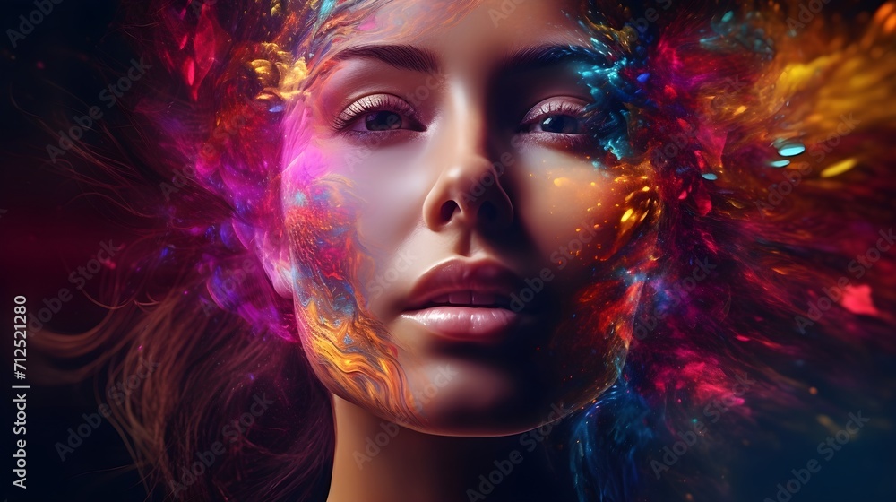 young woman with a creative face in abstract lights, a rainbow galaxy in the world  Landscape with night starry sky.