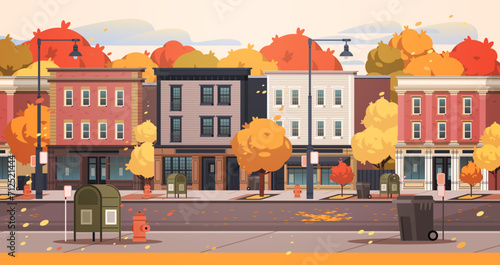 Autumn town street flat vector illustration.  Cozy facades of buildings with shops and cafes.