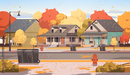 Small autumn street with facades of neighboring houses. Flat vector illustration