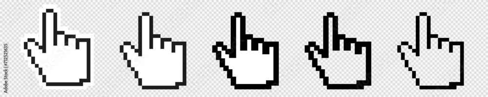 Computer mouse hand 8 bit pixel click cursor. Pointer finger pixelated cursor. Cursors bit retro icons click set Computer mouse hand 8 bit pixel click cursor. Pointer finger pixelated cursor. Cursors bit retro icons click set