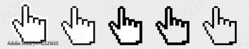 Computer mouse hand 8 bit pixel click cursor. Pointer finger pixelated cursor. Cursors bit retro icons click set