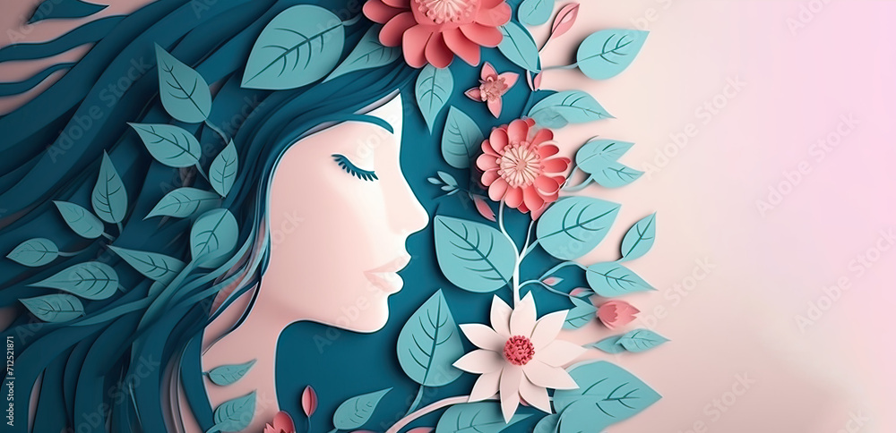 Paper style illustration of a woman's face with flowers and leaves,  International Women's Day Concept.