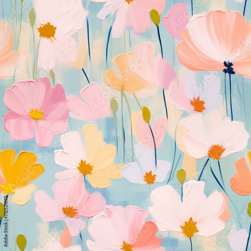 Acrylic illustration of bright summer colors, seamless pattern with acrylic flowers © Henryzoom