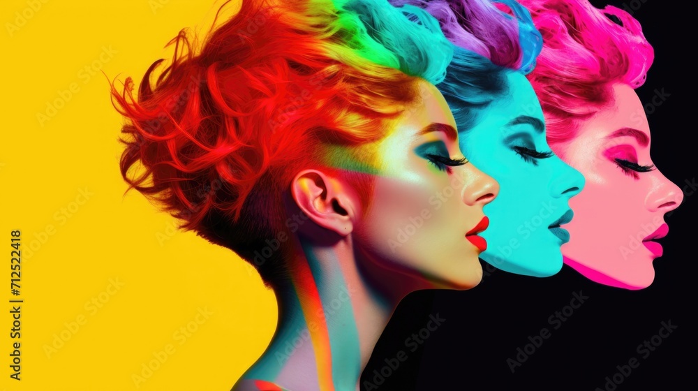 Pop art colorful faces of young woman in profile with detailed facial features and short haircut for women's day and beauty salon