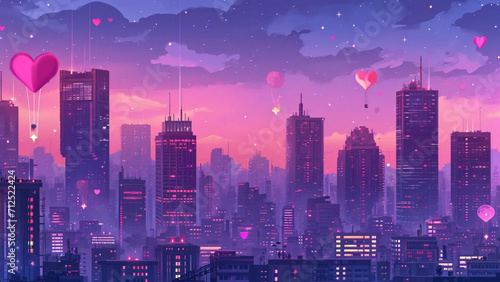 dreamy cityscape at dusk, with skyscrapers aglow in shades of pink and purple. Incorporate elements like heart-shaped hot air balloons and couples enjoying