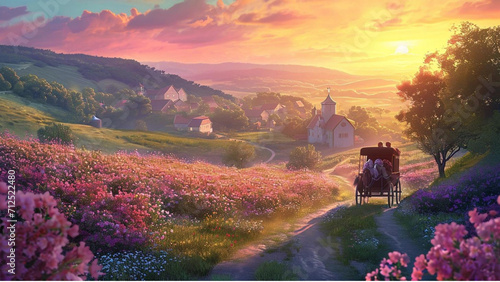 countryside landscape with rolling hills and a quaint village. Showcase couples in horse-drawn carriages  taking a leisurely ride through flower-strewn paths  with the soft hues of a setting sun.
