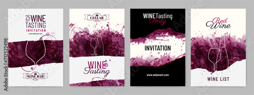 Set of templates for wine designs. Texture of red wine stains, artistic. Suitable for covers, banners, invitations and promotional brochures. Vector photo