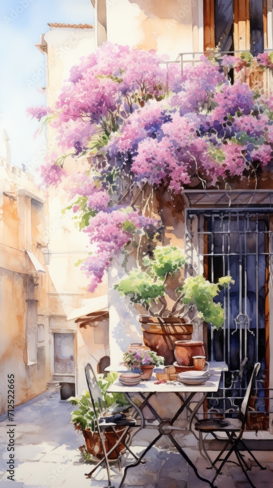 Hobby and leisure, watercolor illustration of a beautiful balcony or terrace decorated with various potted flowers