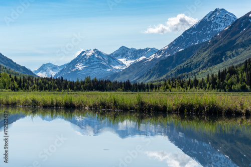 Tern Lake along Seward Highway on Kenai Peninsula in Alaska. At junction with Sterling Highway in Chugach National Forest. Mountain landscape perfectly reflected in mirror still alpine lake.