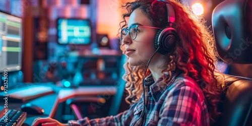 young female podcaster inside a modern recording studio